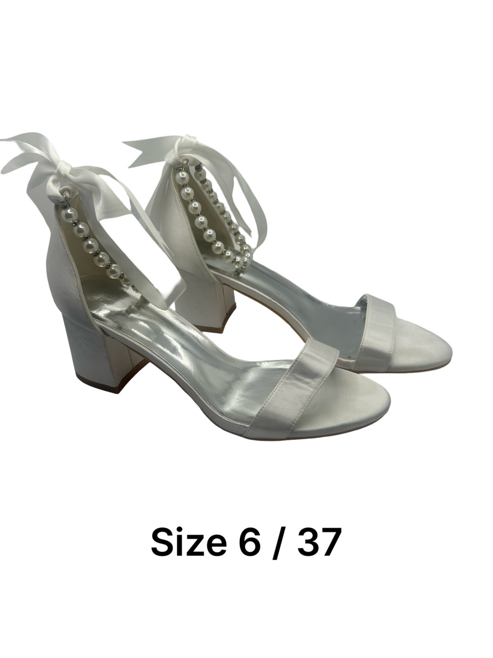 Women's White Satin Ribbon Lace-Up Pearl Embellished Block Heel Bridal Sandals